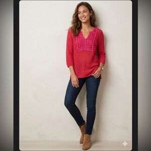 Chico’s Jamie Textured pullover ombre Pink Crochet Knit V-Neck Sweater sz 0